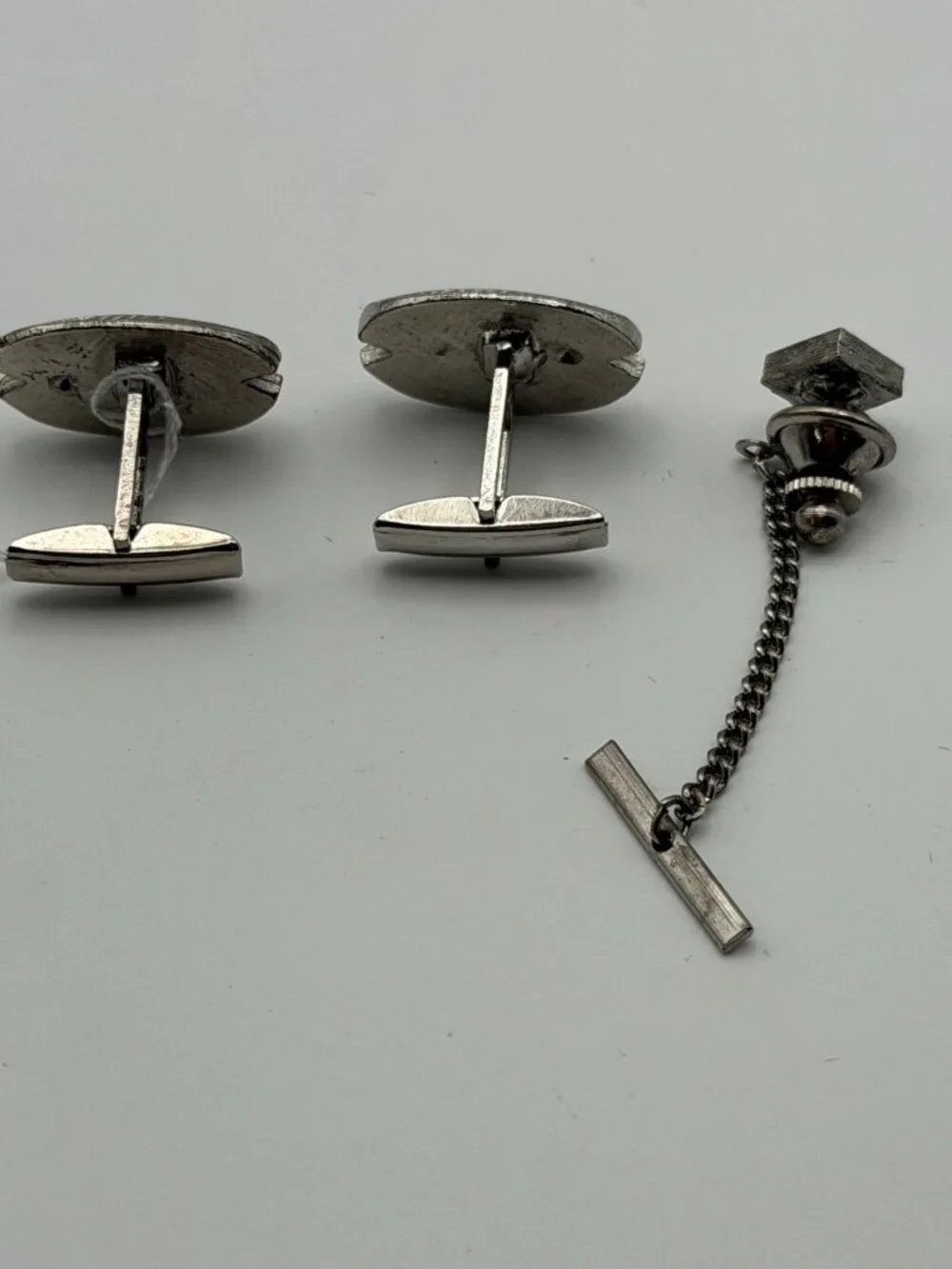Vintage Iridescent Glass Cufflinks Tie Tack Set Silver Tone MCM 3 piece set